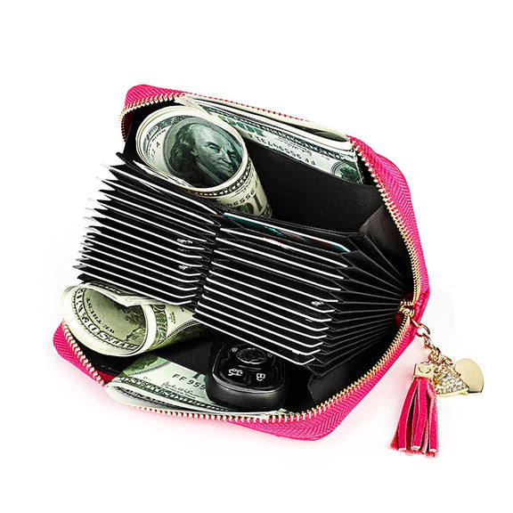 KB213 Diamond Texture Zipper Cowhide Leather Double Row Organ Shape Multiple Card Slots Anti-magnetic RFID Wallet Clutch Bag for Ladies (Rose Red)