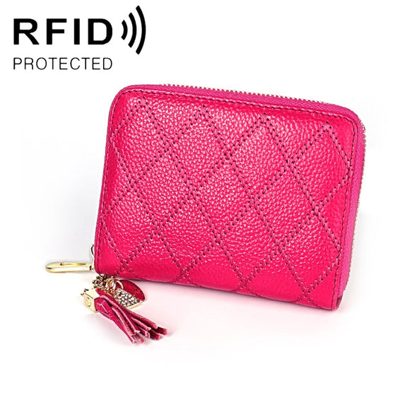 KB213 Diamond Texture Zipper Cowhide Leather Double Row Organ Shape Multiple Card Slots Anti-magnetic RFID Wallet Clutch Bag for Ladies (Rose Red)