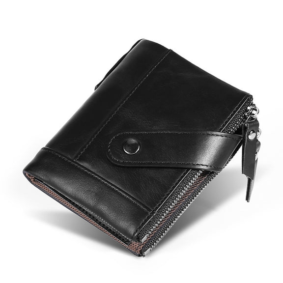 TP-197 Oil Wax Leather Multi-functional Double Zipper Clasp Antimagnetic Change RFID Leather Wallet(Black)