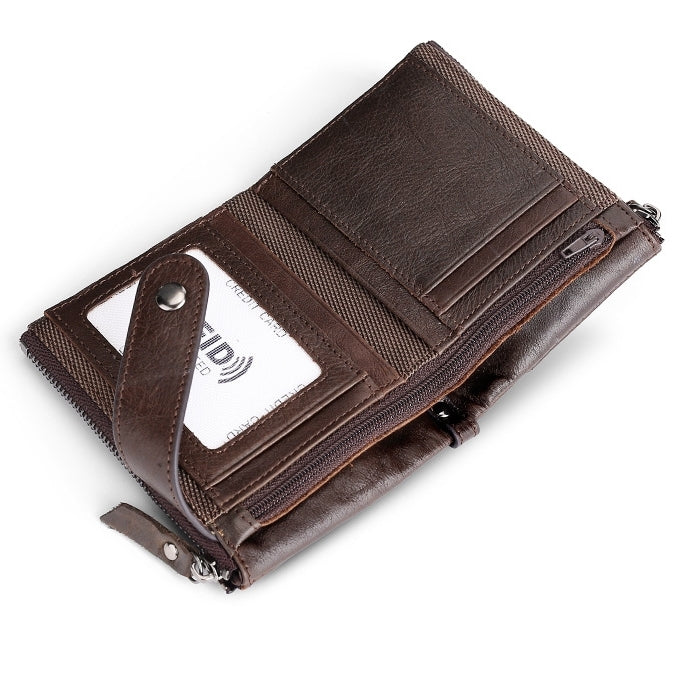 TP-197 Oil Wax Leather Multi-functional Double Zipper Clasp Antimagnetic Change RFID Leather Wallet(Black)
