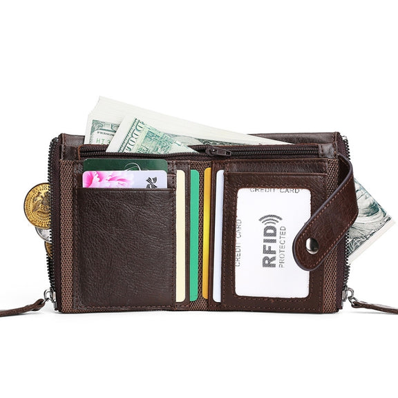 TP-197 Oil Wax Leather Multi-functional Double Zipper Clasp Antimagnetic Change RFID Leather Wallet(Black)
