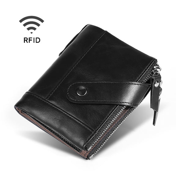 TP-197 Oil Wax Leather Multi-functional Double Zipper Clasp Antimagnetic Change RFID Leather Wallet(Black)