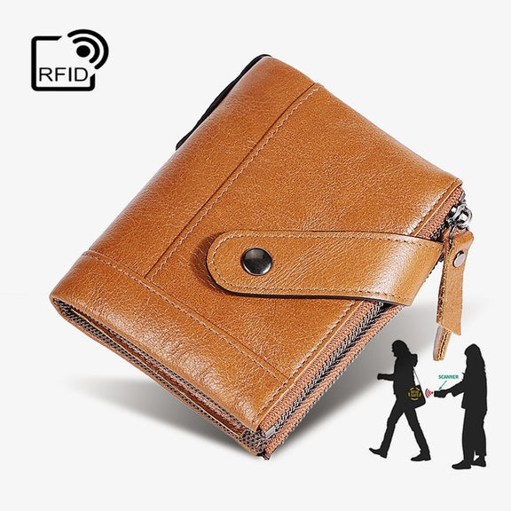 TP-197 Oil Wax Leather Multi-functional Double Zipper Clasp Antimagnetic Change RFID Leather Wallet(Black)
