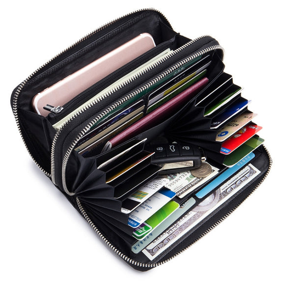 Sheepskin Weave Double Zipper Large Capacity Multiple-Card RFID Anti-Theft Wallet Bag (Black)