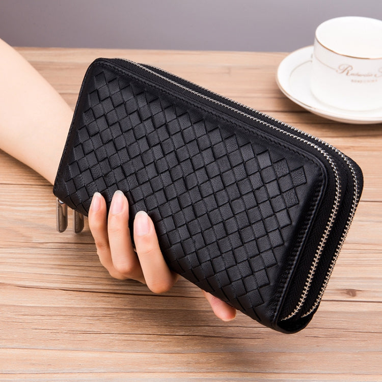 Sheepskin Weave Double Zipper Large Capacity Multiple-Card RFID Anti-Theft Wallet Bag (Black)