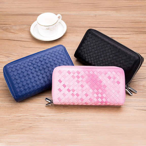 Sheepskin Weave Double Zipper Large Capacity Multiple-Card RFID Anti-Theft Wallet Bag (Black)
