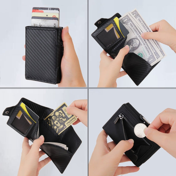 CH0727-1 RFID Carbon Fiber Zipper Multifunctional Card Package(Carbon Fiber Black)