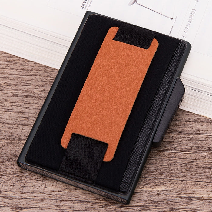 X-32C Automatically Pop-up Card Type Anti-magnetic RFID Anti-theft Men Aluminum Alloy B Dial Button Elastic Bag Wallet with PU Leather Strap(Black) - free shipping - PMC TechLife - Order now!