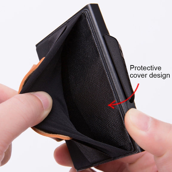 X-32C Automatically Pop-up Card Type Anti-magnetic RFID Anti-theft Men Aluminum Alloy B Dial Button Elastic Bag Wallet with PU Leather Strap(Black)