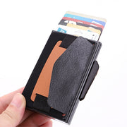 X-32C Automatically Pop-up Card Type Anti-magnetic RFID Anti-theft Men Aluminum Alloy B Dial Button Elastic Bag Wallet with PU Leather Strap(Black)