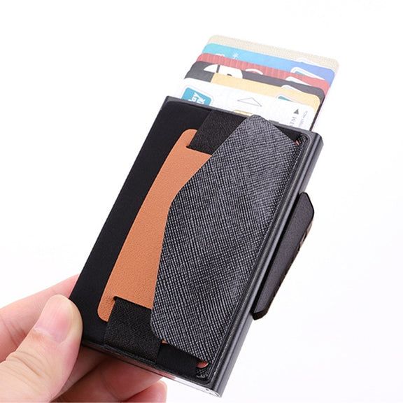 X-32C Automatically Pop-up Card Type Anti-magnetic RFID Anti-theft Men Aluminum Alloy B Dial Button Elastic Bag Wallet with PU Leather Strap(Black)