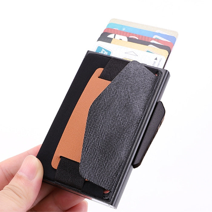 X-32C Automatically Pop-up Card Type Anti-magnetic RFID Anti-theft Men Aluminum Alloy B Dial Button Elastic Bag Wallet with PU Leather Strap(Black)