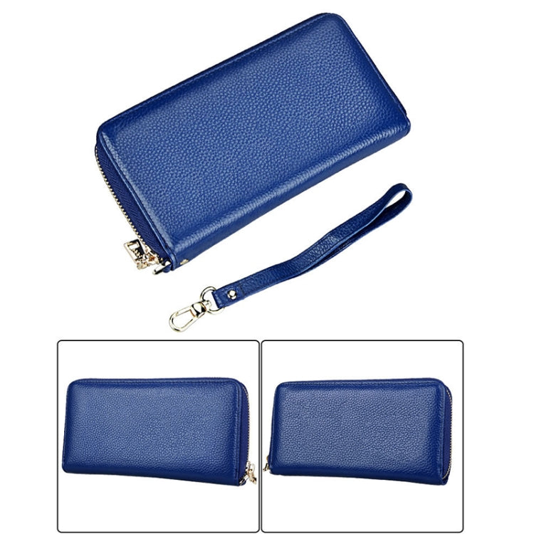Genuine Cowhide Leather Litchi Texture Zipper Long Style Card Holder Wallet RFID Blocking Coin Purse Card Bag Protect Case with Hand Strap for Women, Size: 20*10.5*3cm(Blue)