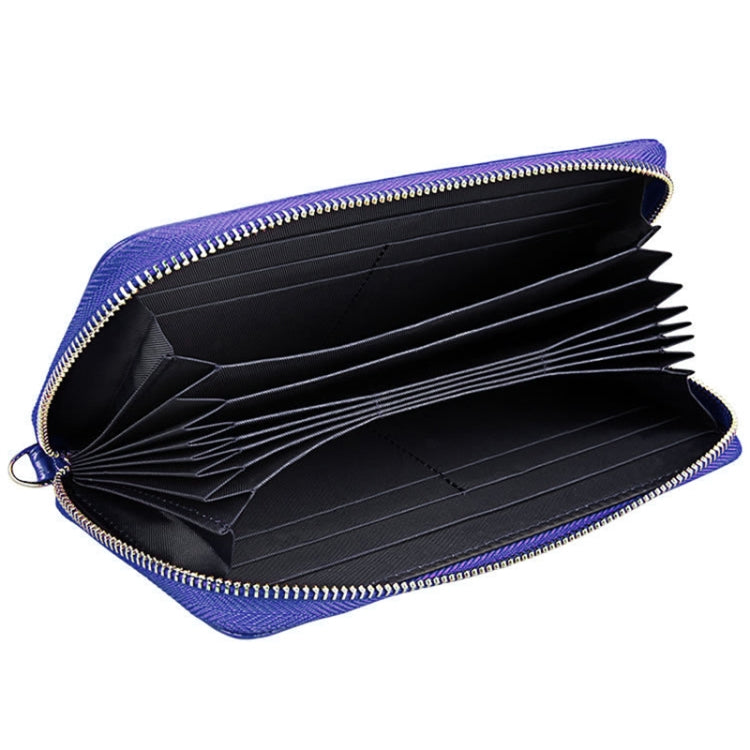 Genuine Cowhide Leather Litchi Texture Zipper Long Style Card Holder Wallet RFID Blocking Coin Purse Card Bag Protect Case with Hand Strap for Women, Size: 20*10.5*3cm(Blue)