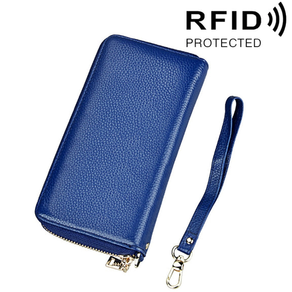 Genuine Cowhide Leather Litchi Texture Zipper Long Style Card Holder Wallet RFID Blocking Coin Purse Card Bag Protect Case with Hand Strap for Women, Size: 20*10.5*3cm(Blue)