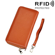 Genuine Cowhide Leather Litchi Texture Zipper Long Style Card Holder Wallet RFID Blocking Coin Purse Card Bag Protect Case with Hand Strap for Women, Size: 20*10.5*3cm(Brown)