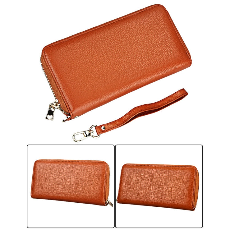 Genuine Cowhide Leather Litchi Texture Zipper Long Style Card Holder Wallet RFID Blocking Coin Purse Card Bag Protect Case with Hand Strap for Women, Size: 20*10.5*3cm(Brown)