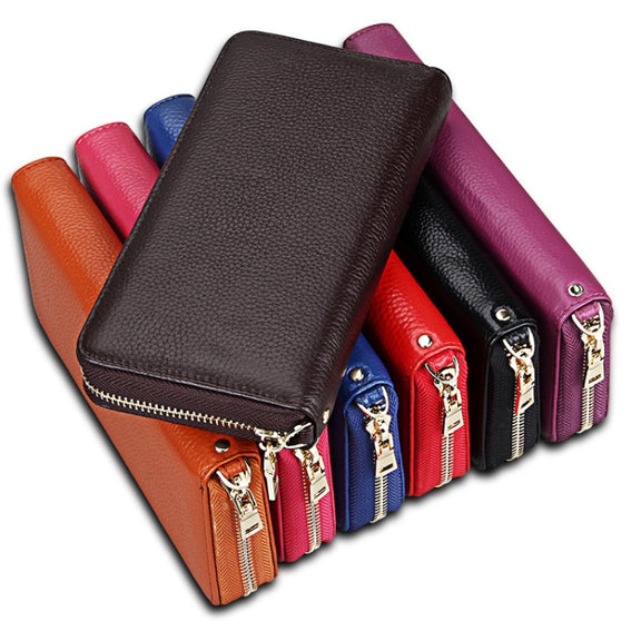 Genuine Cowhide Leather Litchi Texture Zipper Long Style Card Holder Wallet RFID Blocking Coin Purse Card Bag Protect Case with Hand Strap for Women, Size: 20*10.5*3cm(Brown)