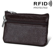 Cowhide Leather Zipper Solid Color Horizontal Card Holder Wallet RFID Blocking Coin Purse Card Bag Protect Case, Size: 11.4*7.4cm(Coffee)