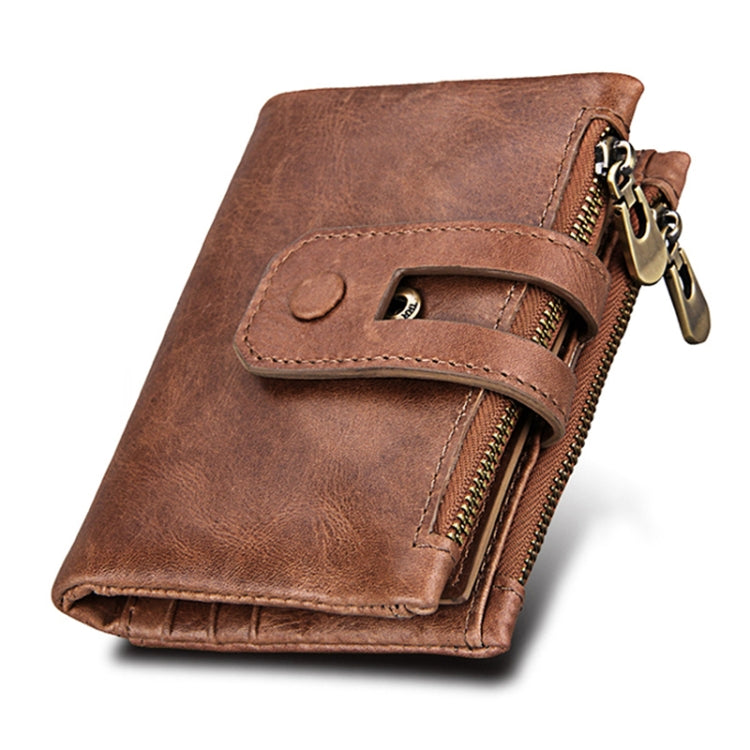 Genuine Cowhide Leather Crazy Horse Texture Zipper 3-folding Card Holder Wallet RFID Blocking Coin Purse Card Bag Protect Case for Men, Size: 12*9.5*3.5cm(Taupe)