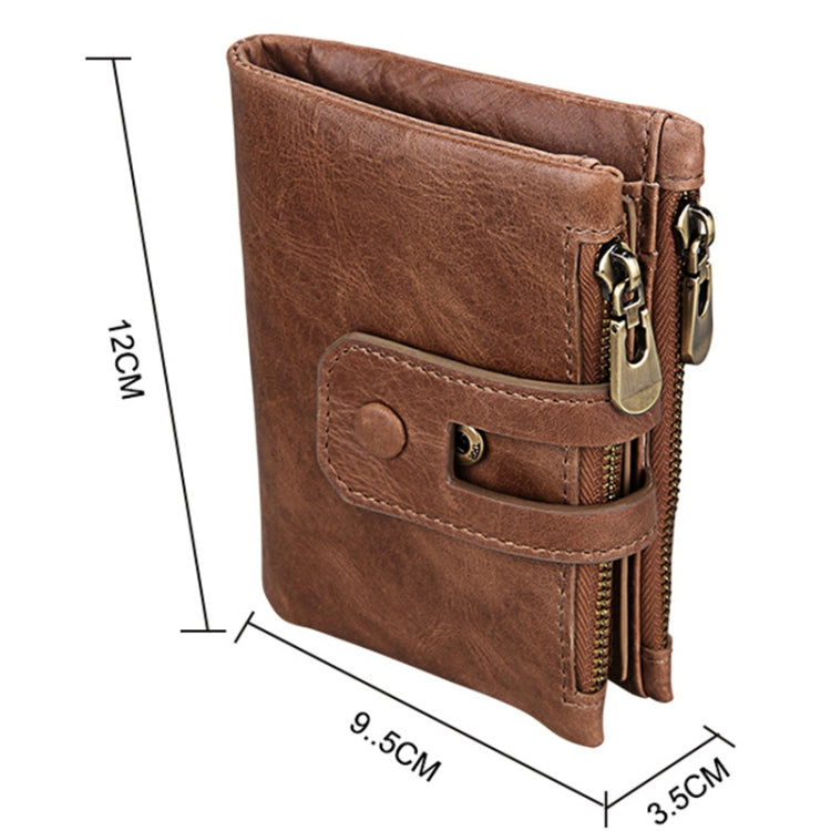 Genuine Cowhide Leather Crazy Horse Texture Zipper 3-folding Card Holder Wallet RFID Blocking Coin Purse Card Bag Protect Case for Men, Size: 12*9.5*3.5cm(Taupe) - free shipping - PMC TechLife - Order now!