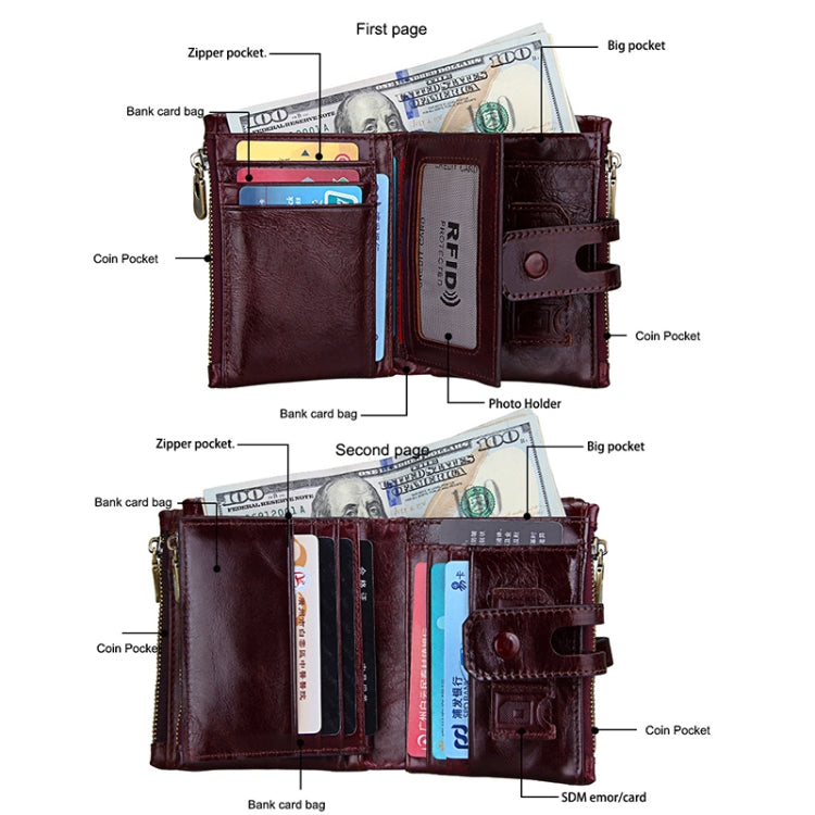 Genuine Cowhide Leather Crazy Horse Texture Zipper 3-folding Card Holder Wallet RFID Blocking Coin Purse Card Bag Protect Case for Men, Size: 12*9.5*3.5cm - Antimagnetic RFID Package by PMC TechLife | Online Shopping South Africa | PMC TechLife | Buy Now Pay Later Mobicred
