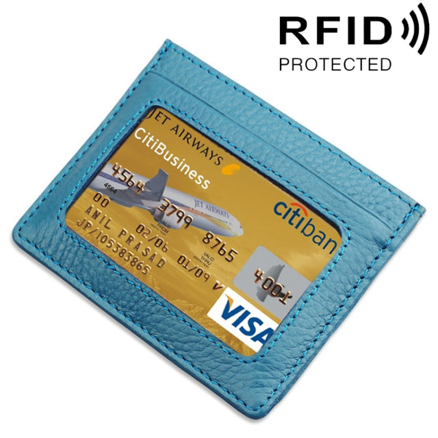 Cowhide Leather Litchi Texture Open Type Solid Color Card Holder RFID Blocking Card Bag Protective Case(Blue)