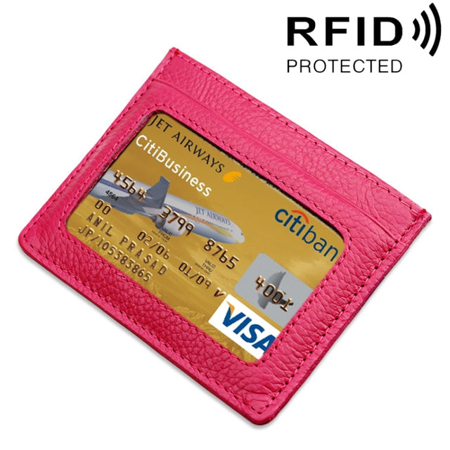 Cowhide Leather Litchi Texture Open Type Solid Color Card Holder RFID Blocking Card Bag Protective Case(Magenta)