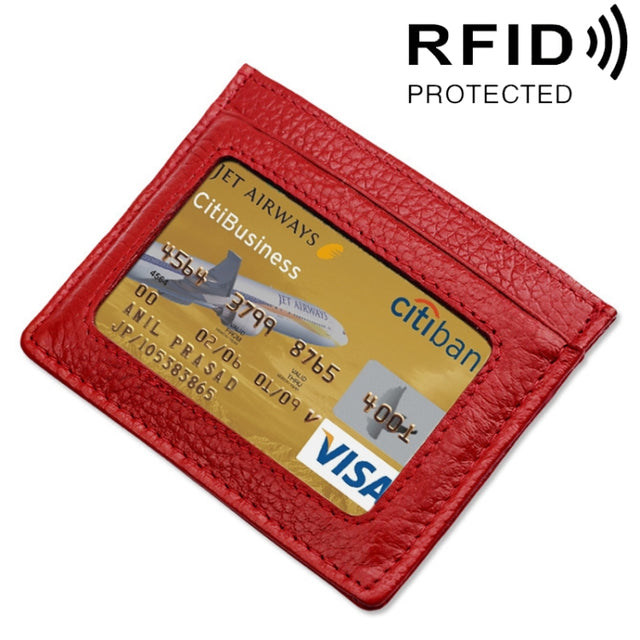 Cowhide Leather Litchi Texture Open Type Solid Color Card Holder RFID Blocking Card Bag Protective Case(Red)