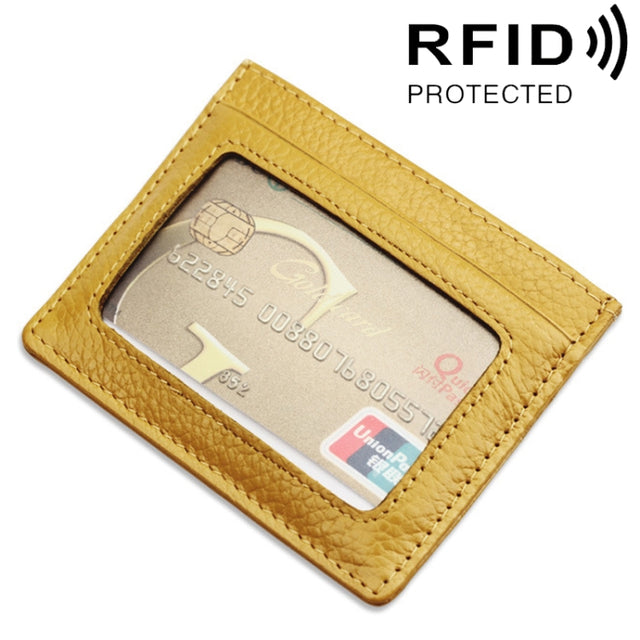 Cowhide Leather Litchi Texture Open Type Solid Color Card Holder RFID Blocking Card Bag Protective Case(Yellow)