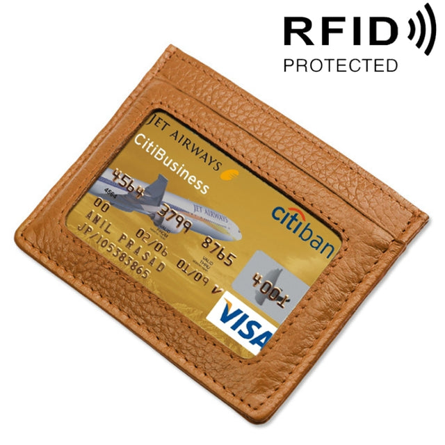 Cowhide Leather Litchi Texture Open Type Solid Color Card Holder RFID Blocking Card Bag Protective Case(Brown)