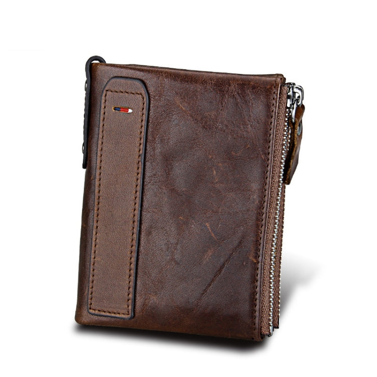 Genuine Cowhide Leather Crazy Horse Texture Dual Zipper Short Style Card Holder Wallet RFID Blocking Card Bag Protect Case for Men, Size: 12.1*9.4*2.7cm(Coffee) - Antimagnetic RFID Package by PMC TechLife | Online Shopping South Africa | PMC TechLife | Buy Now Pay Later Mobicred