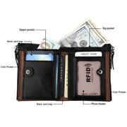 Genuine Cowhide Leather Crazy Horse Texture Dual Zipper Short Style Card Holder Wallet RFID Blocking Card Bag Protect Case for Men, Size: 12.1*9.4*2.7cm(Coffee)