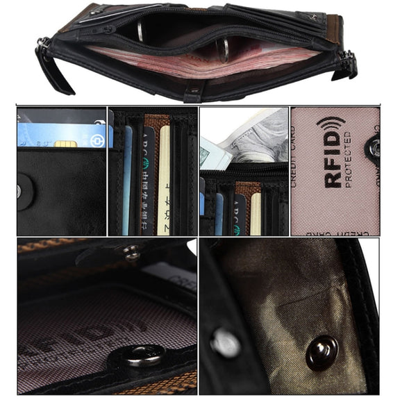 Genuine Cowhide Leather Crazy Horse Texture Dual Zipper Short Style Card Holder Wallet RFID Blocking Card Bag Protect Case for Men, Size: 12.1*9.4*2.7cm(Coffee)