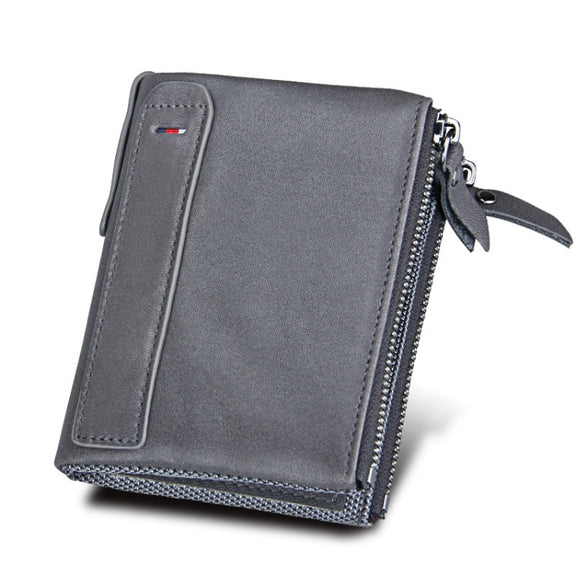 Genuine Cowhide Leather Crazy Horse Texture Dual Zipper Short Style Card Holder Wallet RFID Blocking Card Bag Protect Case for Men, Size: 12.1*9.4*2.7cm(Grey)