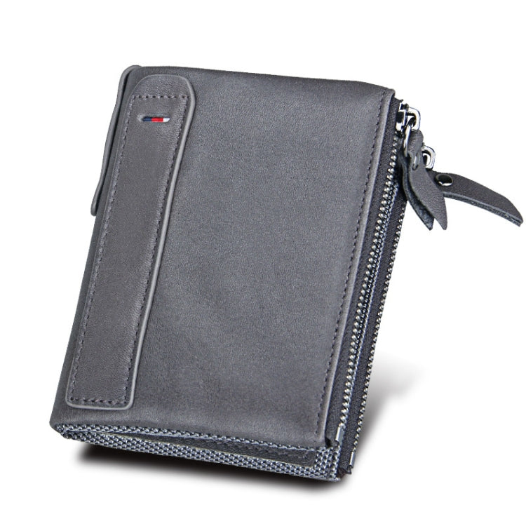 Genuine Cowhide Leather Crazy Horse Texture Dual Zipper Short Style Card Holder Wallet RFID Blocking Card Bag Protect Case for Men, Size: 12.1*9.4*2.7cm(Grey)