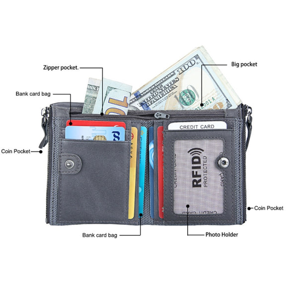 Genuine Cowhide Leather Crazy Horse Texture Dual Zipper Short Style Card Holder Wallet RFID Blocking Card Bag Protect Case for Men, Size: 12.1*9.4*2.7cm(Grey)