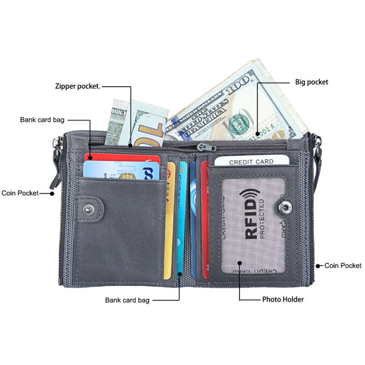 Genuine Cowhide Leather Crazy Horse Texture Dual Zipper Short Style Card Holder Wallet RFID Blocking Card Bag Protect Case for Men, Size: 12.1*9.4*2.7cm(Grey)