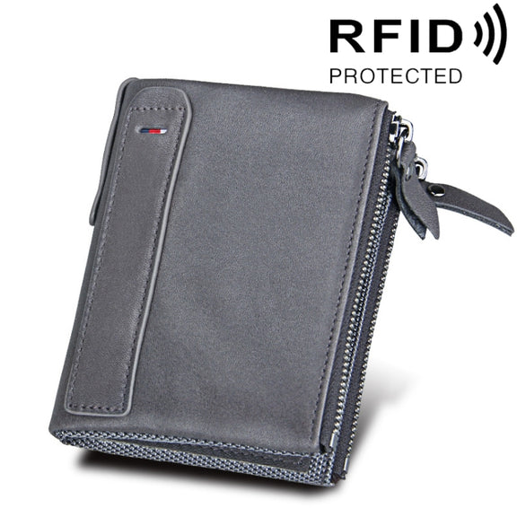 Genuine Cowhide Leather Crazy Horse Texture Dual Zipper Short Style Card Holder Wallet RFID Blocking Card Bag Protect Case for Men, Size: 12.1*9.4*2.7cm(Grey)