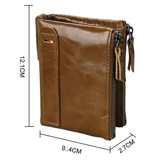 Genuine Cowhide Leather Crazy Horse Texture Dual Zipper Short Style Card Holder Wallet RFID Blocking Card Bag Protect Case for Men, Size: 12.1*9.4*2.7cm