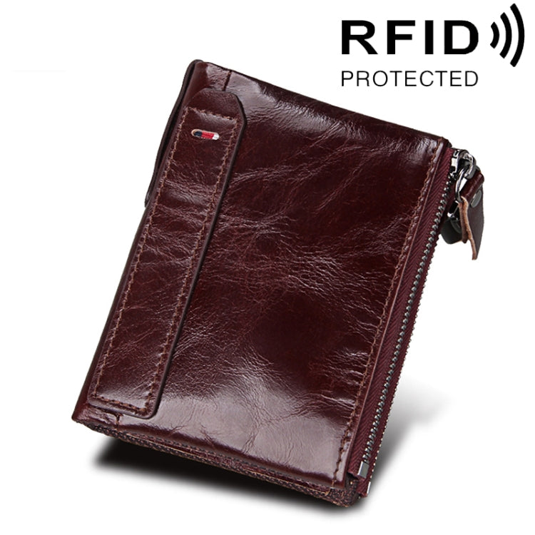 Genuine Cowhide Leather Crazy Horse Texture Dual Zipper Short Style Card Holder Wallet RFID Blocking Card Bag Protect Case for Men, Size: 12.1*9.4*2.7cm - Antimagnetic RFID Package by PMC TechLife | Online Shopping South Africa | PMC TechLife | Buy Now Pay Later Mobicred
