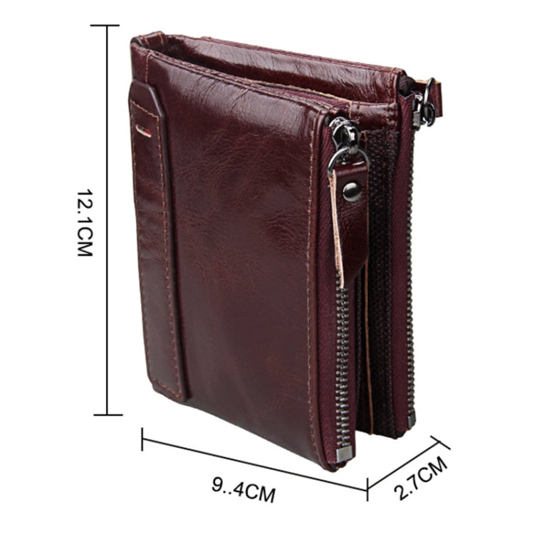 Genuine Cowhide Leather Crazy Horse Texture Dual Zipper Short Style Card Holder Wallet RFID Blocking Card Bag Protect Case for Men, Size: 12.1*9.4*2.7cm - Antimagnetic RFID Package by PMC TechLife | Online Shopping South Africa | PMC TechLife | Buy Now Pay Later Mobicred