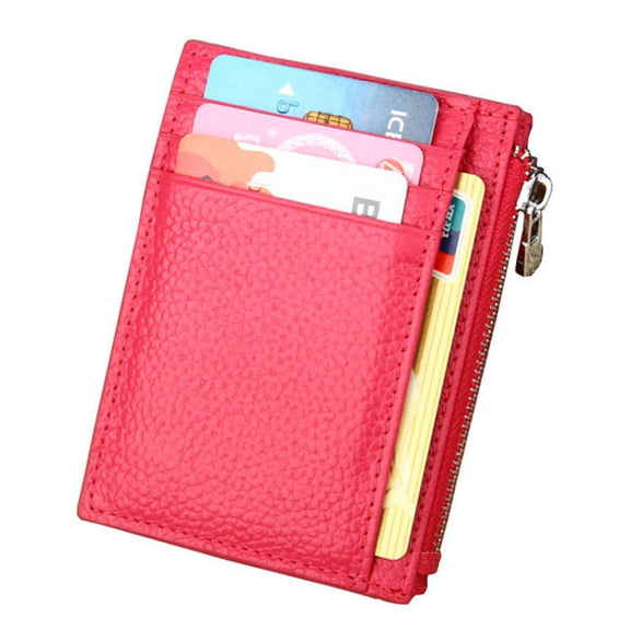 Cowhide Leather Solid Color Zipper Card Holder Wallet RFID Blocking Coin Purse Card Bag Protect Case, Size: 11*8*1.5cm (Magenta)