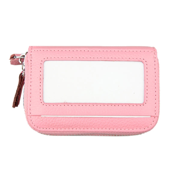 Genuine Cowhide Leather Dual Layer Solid Color Zipper Card Holder Wallet RFID Blocking Coin Purse Card Bag Protective Case with 11 Card Slots & Coin Position, Size: 11*7.5*4.5cm(Pink)