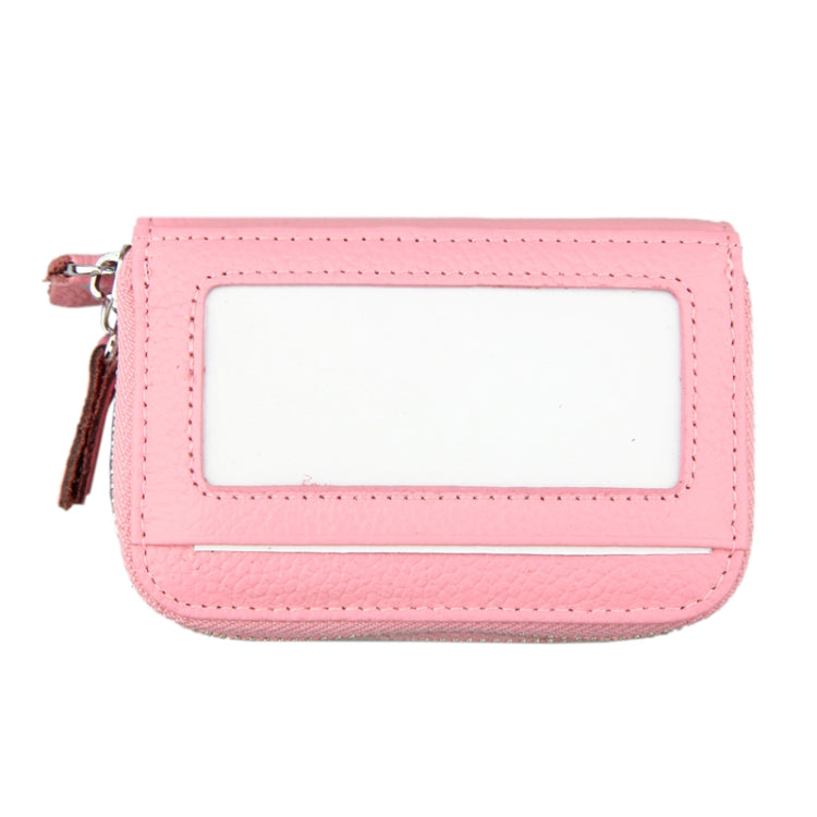 Genuine Cowhide Leather Dual Layer Solid Color Zipper Card Holder Wallet RFID Blocking Coin Purse Card Bag Protective Case with 11 Card Slots & Coin Position, Size: 11*7.5*4.5cm(Pink)