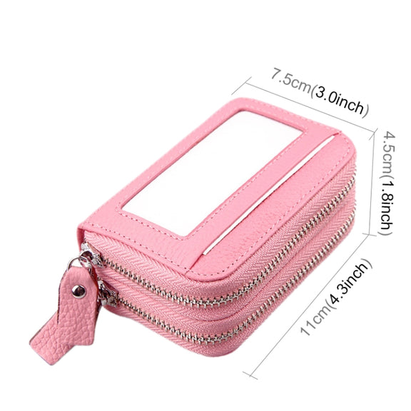 Genuine Cowhide Leather Dual Layer Solid Color Zipper Card Holder Wallet RFID Blocking Coin Purse Card Bag Protective Case with 11 Card Slots & Coin Position, Size: 11*7.5*4.5cm(Pink)
