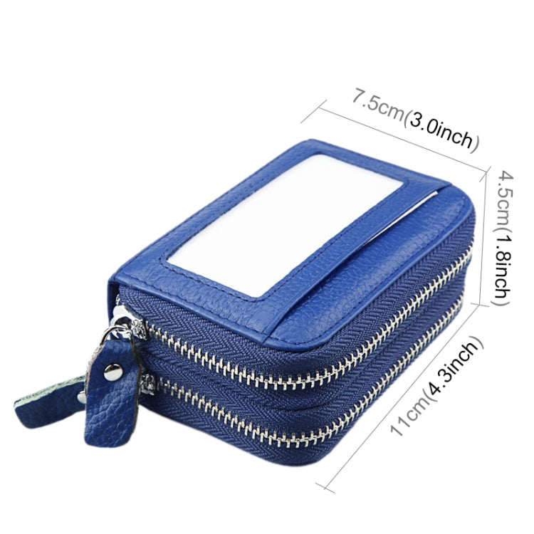 Genuine Cowhide Leather Dual Layer Solid Color Zipper Card Holder Wallet RFID Blocking Coin Purse Card Bag Protective Case with 11 Card Slots & Coin Position, Size: 11*7.5*4.5cm(Blue)