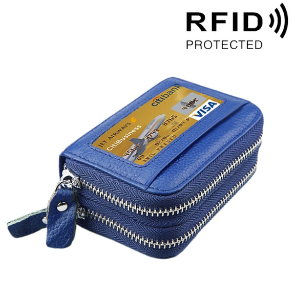 Genuine Cowhide Leather Dual Layer Solid Color Zipper Card Holder Wallet RFID Blocking Coin Purse Card Bag Protective Case with 11 Card Slots & Coin Position, Size: 11*7.5*4.5cm(Blue)