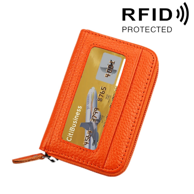 Genuine Cowhide Leather Solid Color Zipper Horizontal Card Holder Wallet RFID Blocking Card Bag Protect Case with 12 Card Slots, Size: 11.5*7.5cm(Orange)