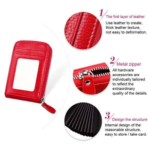 Genuine Cowhide Leather Solid Color Zipper Vertical Card Holder Wallet RFID Blocking Card Bag Protect Case with 12 Card Slots, Size: 11.5*7.5cm(Dark Red)
